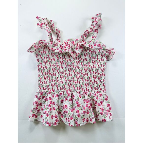 J.Crew Tops - J.Crew Liberty Fabric Floral Smocked Ruffle Top XXS White Pink Cotton Preppy EUC